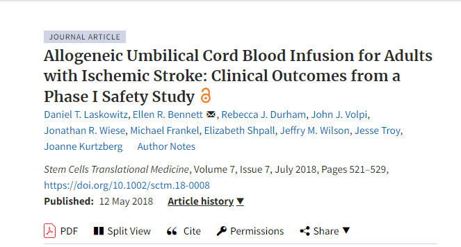 杜克大學(xué):臍帶干細胞治療成人缺血性中風(fēng)的I期安全性研究