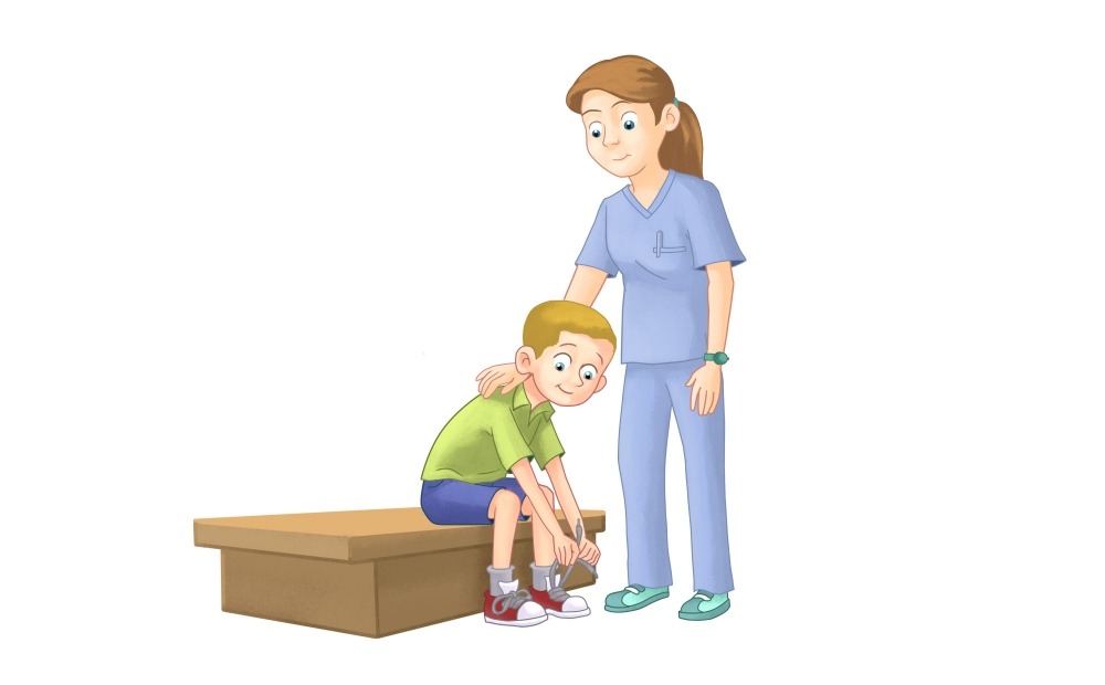 治療師幫助腦性癱瘓患者進(jìn)行日?；顒?dòng)。?