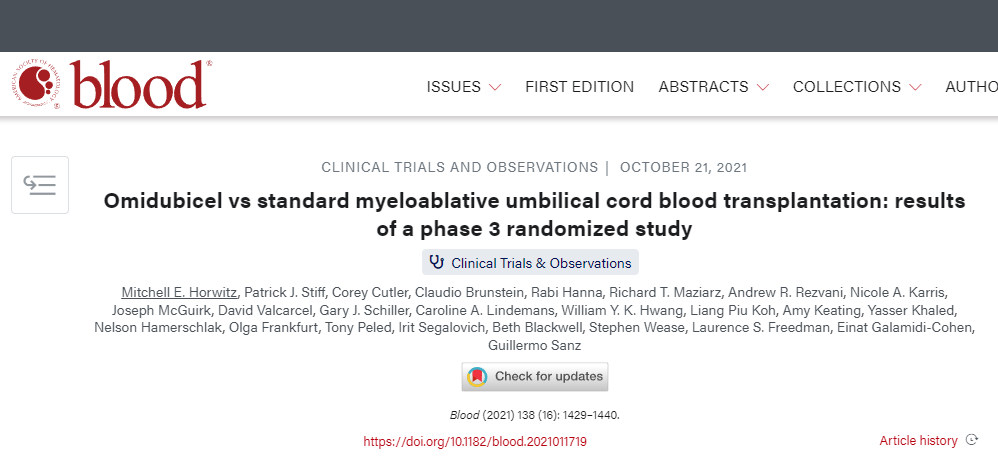 Omidubicel 對比標準清髓性臍帶血移植:一項3期隨機研究的結果 Omidubicel對比標準清髓性臍帶血移植:一項3期隨機研究的結果