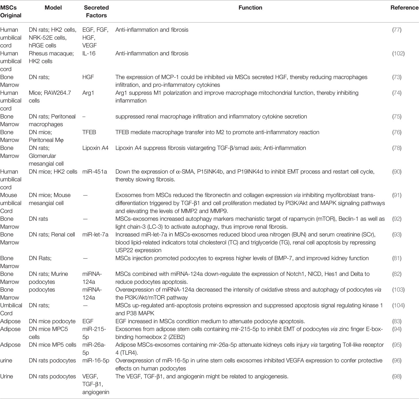 表1間充質(zhì)干細胞分泌因子在糖尿病腎病中的詳細作用