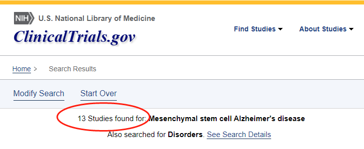 clinicaltrials.gov網(wǎng)站上注冊的有關(guān)間充質(zhì)干細胞治療阿爾茨海默氏病的臨床研究項目有13項。