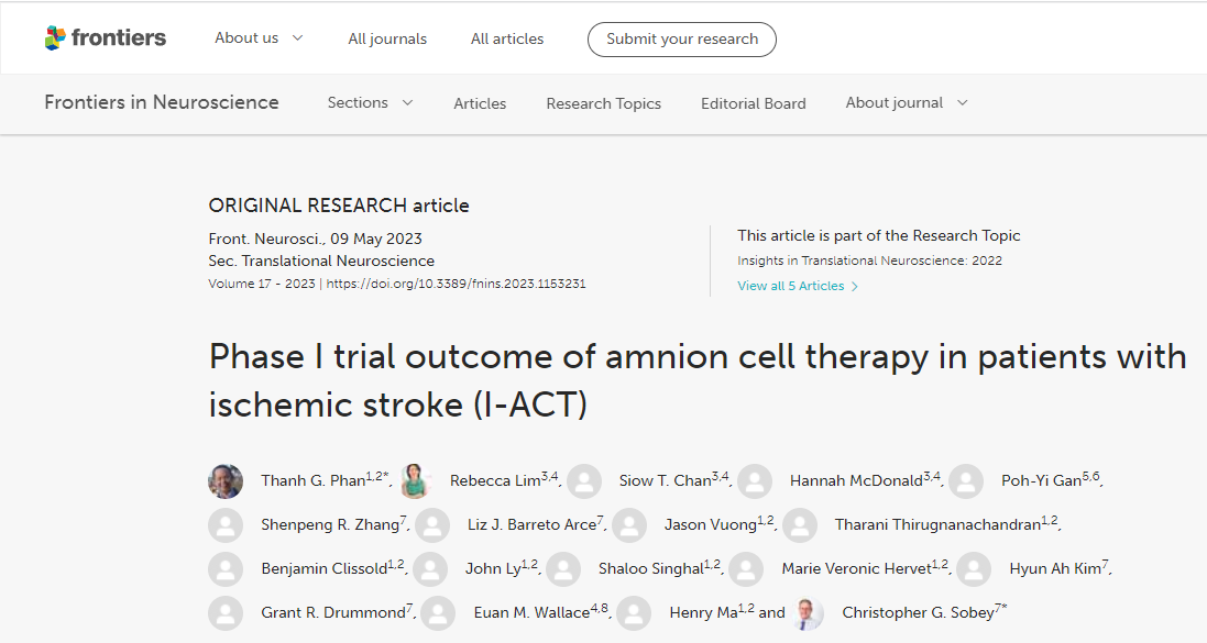 神經(jīng)科學(xué)前沿雜志：羊膜細胞療法治療缺血性中風(fēng)患者的I期試驗結果