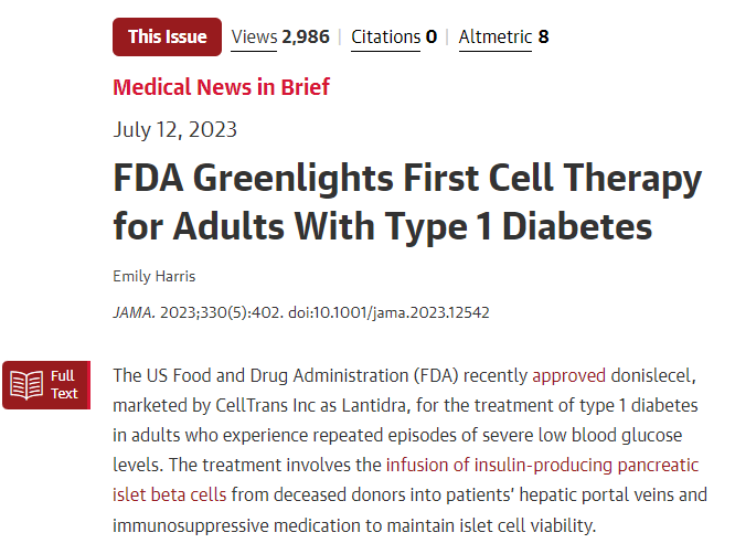 FDA批準首個(gè)針對成人1型糖尿病的細胞療法