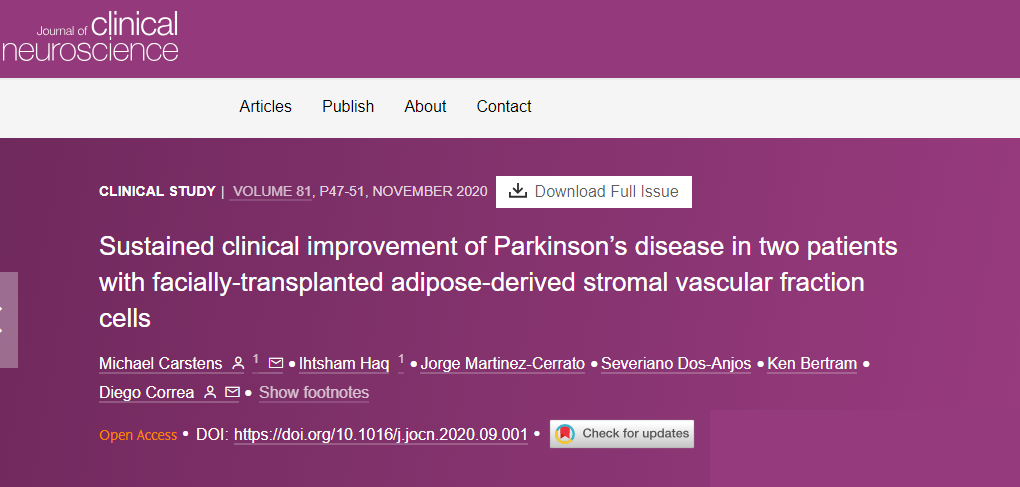 面部移植脂肪來(lái)源的基質(zhì)血管成分細胞后，兩名帕金森病患者病情持續改善