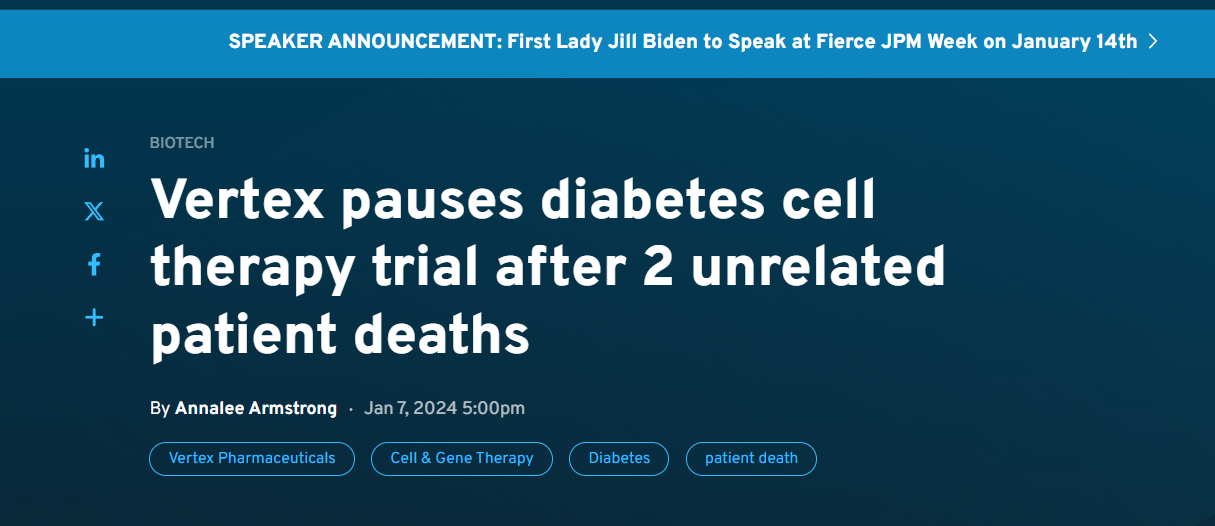 Vertex公司在兩例無(wú)關(guān)患者死亡后暫停干細胞治療糖尿病的試驗 Vertex公司在兩例無(wú)關(guān)患者死亡后暫停干細胞治療糖尿病的試驗