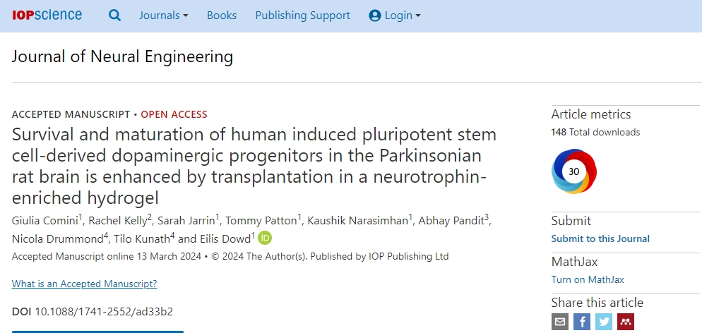 通過(guò)在富含神經(jīng)營(yíng)養素的水凝膠中移植人誘導的多能干細胞衍生的多巴胺能祖細胞，可以增強帕金森病大鼠腦中的存活和成熟。