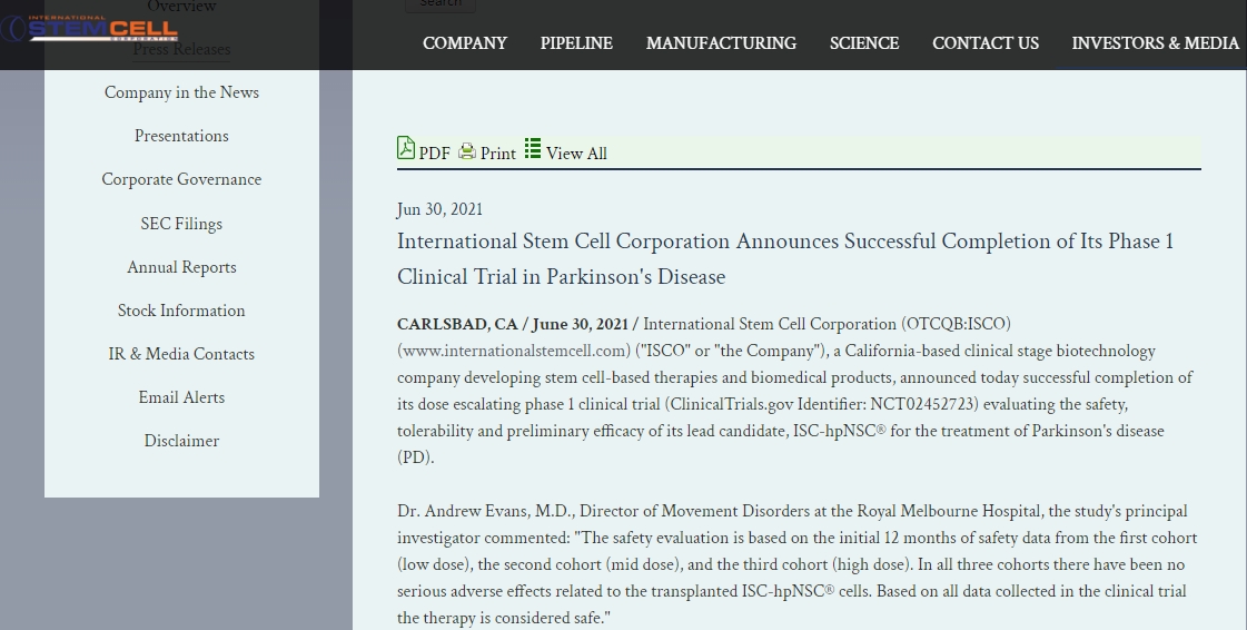 另一種療法ISC-hpNSC正在由加利福尼亞州的國際干細胞公司開(kāi)發(fā)。