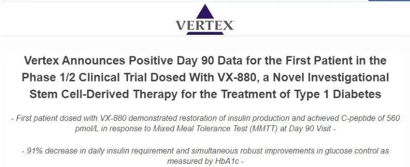 Vertex 宣布 1/2 期臨床試驗中首位接受 VX-880 治療的患者第 90 天的陽(yáng)性數據，VX-880 是一種用于治療 1 型糖尿病的新型試驗性干細胞衍生療法