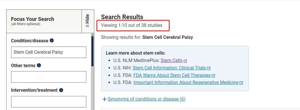 clinicaltrials.gov網(wǎng)站上注冊的有關(guān)干細胞治療腦癱的臨床研究項目有38項。其中已完成的有12項。