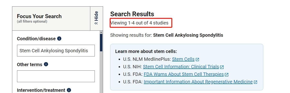 clinicaltrials.gov網(wǎng)站上注冊的有關(guān)干細胞治療強直性脊柱炎的臨床研究項目有4項。其中已完成的有1項。