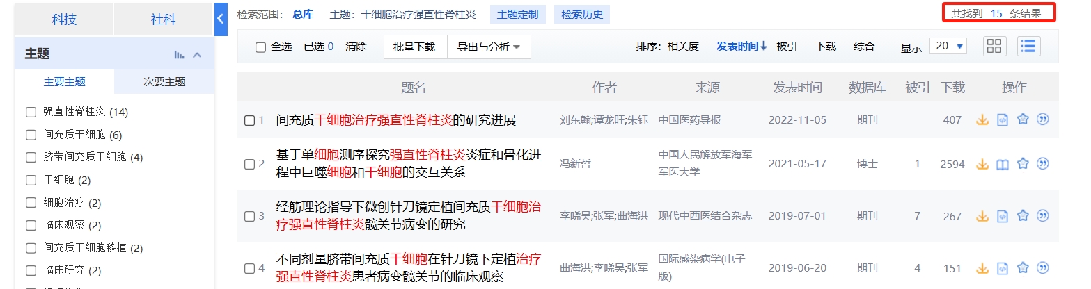 國內中國知網(wǎng)cnki.net網(wǎng)站上已經(jīng)有15個(gè)干細胞治療強直性脊柱炎的相關(guān)文章