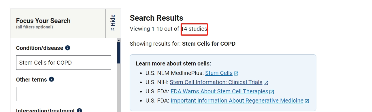 clinicaltrials.gov網(wǎng)站上注冊的有關(guān)干細胞治療慢性阻塞性肺病的臨床研究項目有14項。其中已完成的有6項。