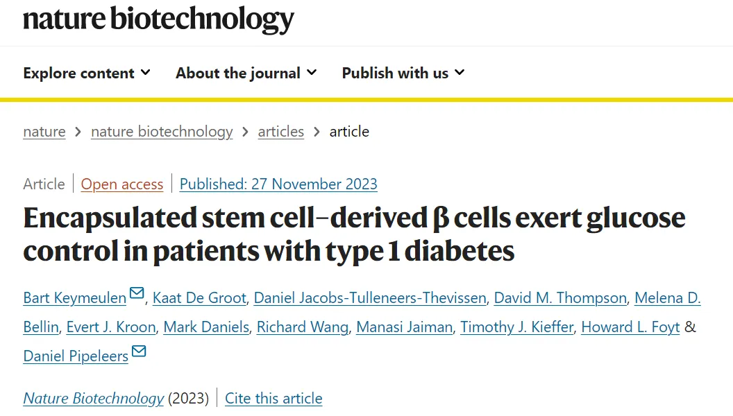 封裝干細胞衍生的 β 細胞對 1 型糖尿病患者發(fā)揮血糖控制作用