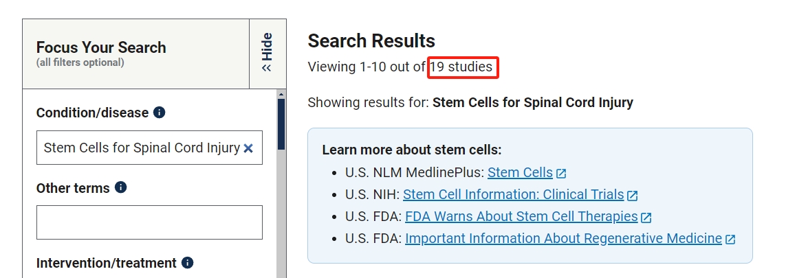 干細胞治療脊髓損傷的臨床研究項目有19項。其中已完成的有4項。