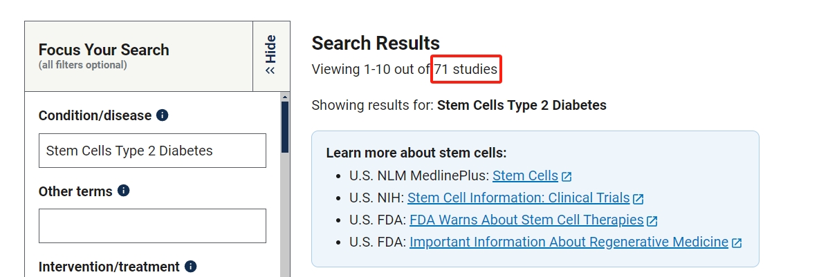 關(guān)干細胞治療2型糖尿病的臨床研究項目有71項。其中已完成的有39項。