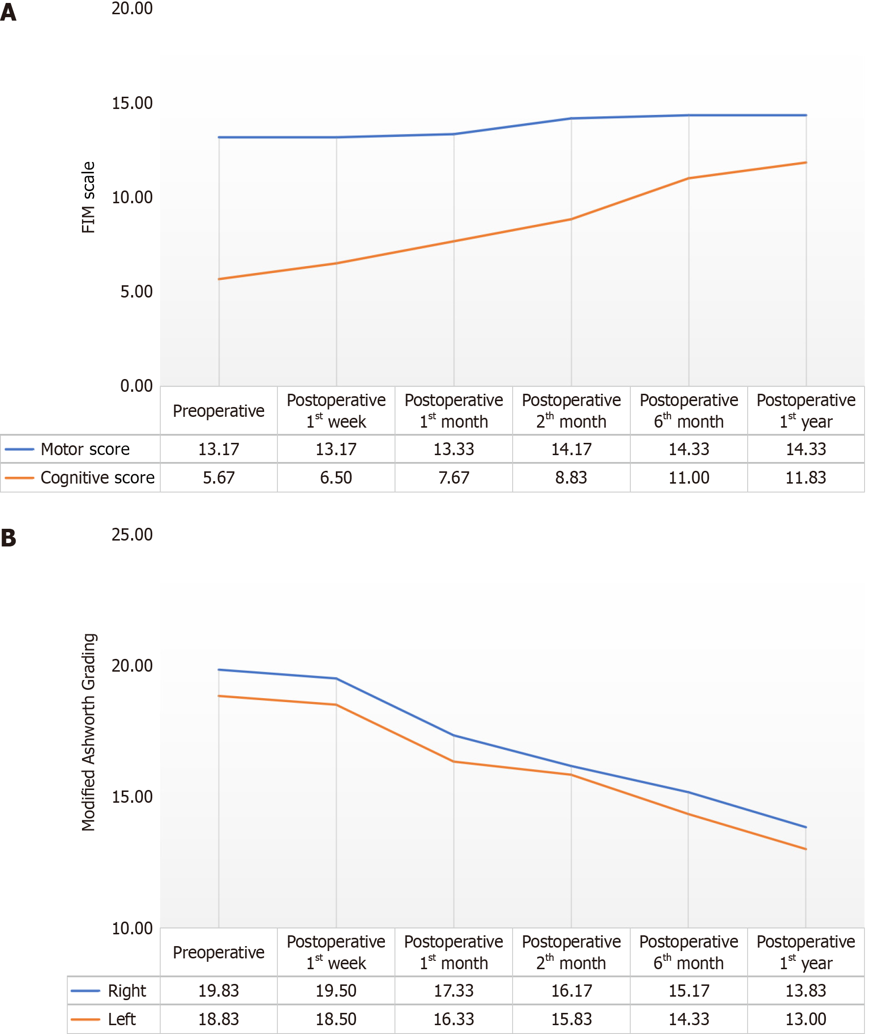 圖1：患者手術(shù)前、術(shù)后1周，術(shù)后1個(gè)月、2個(gè)月、6個(gè)月和1年時(shí)功能獨立性測量運動(dòng)和認知評分值及改良Ashworth評分左右值平均分的變化。