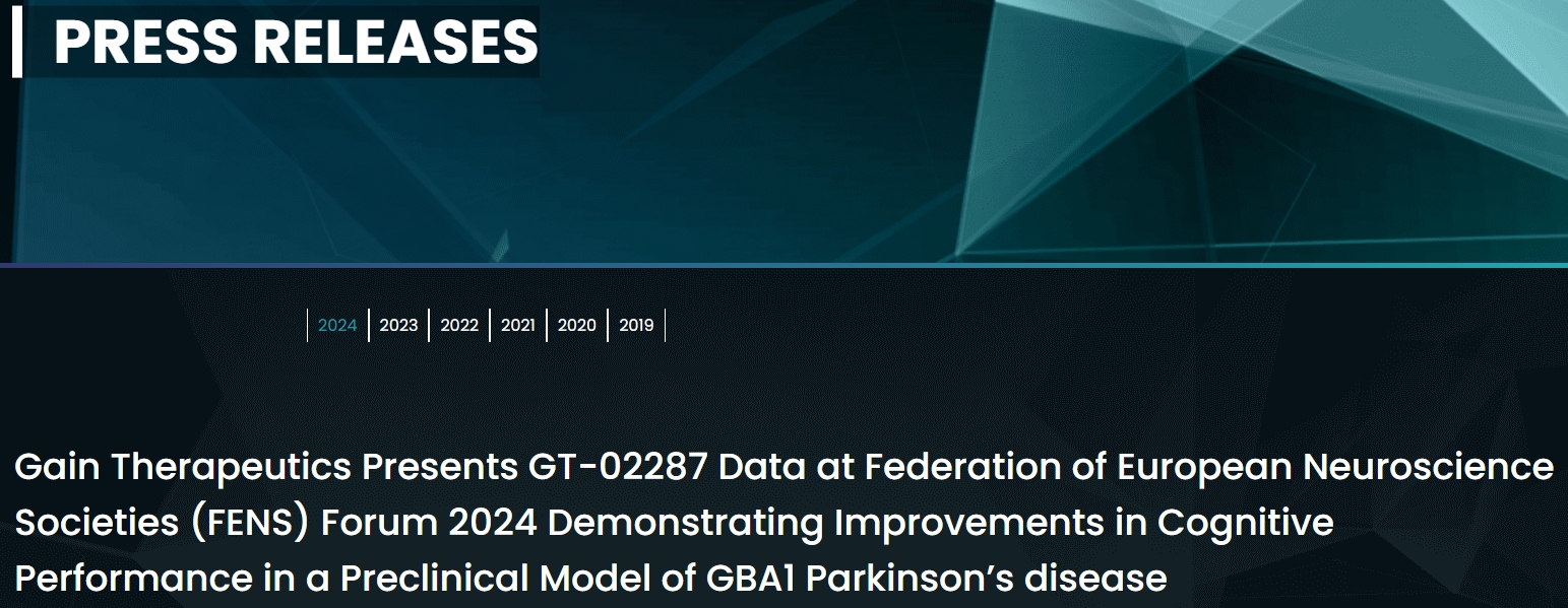Gain Therapeutics在2024年歐洲神經(jīng)科學(xué)學(xué)會(huì )聯(lián)合會(huì ) (FENS) 論壇上展示GT-02287數據，證明GBA1帕金森病臨床前模型的認知能力有所改善