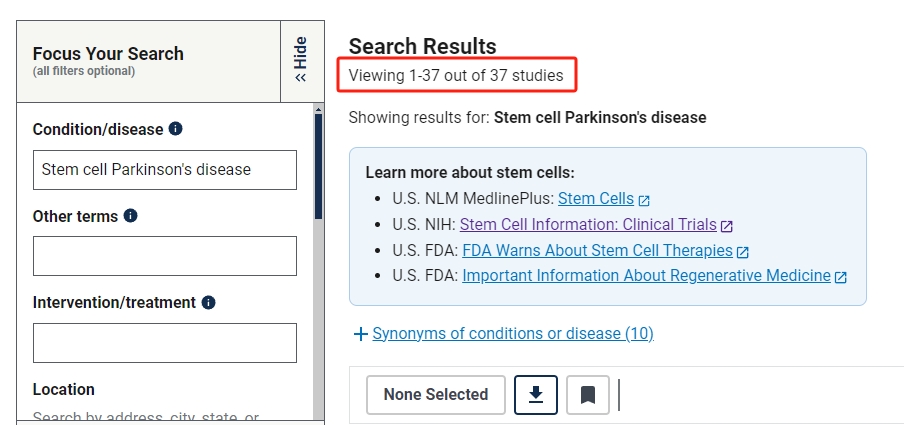 干細胞治療帕金森病的臨床研究項目有37項。