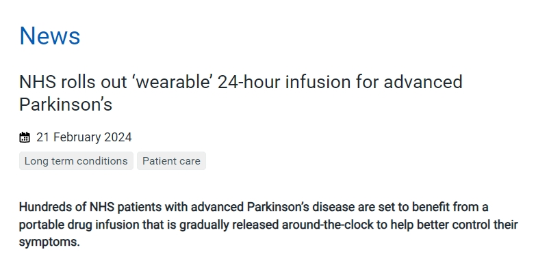 NHS推出“可穿戴”24小時(shí)輸液設備，用于治療晚期帕金森癥