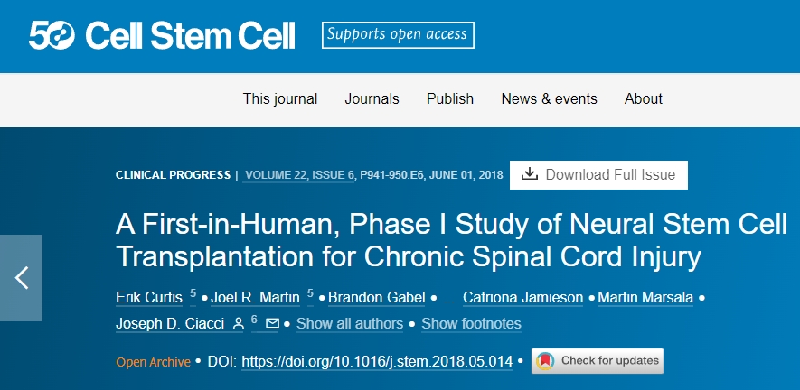 首次在人體中進(jìn)行的I期神經(jīng)干細胞移植治療慢性脊髓損傷的研究。
