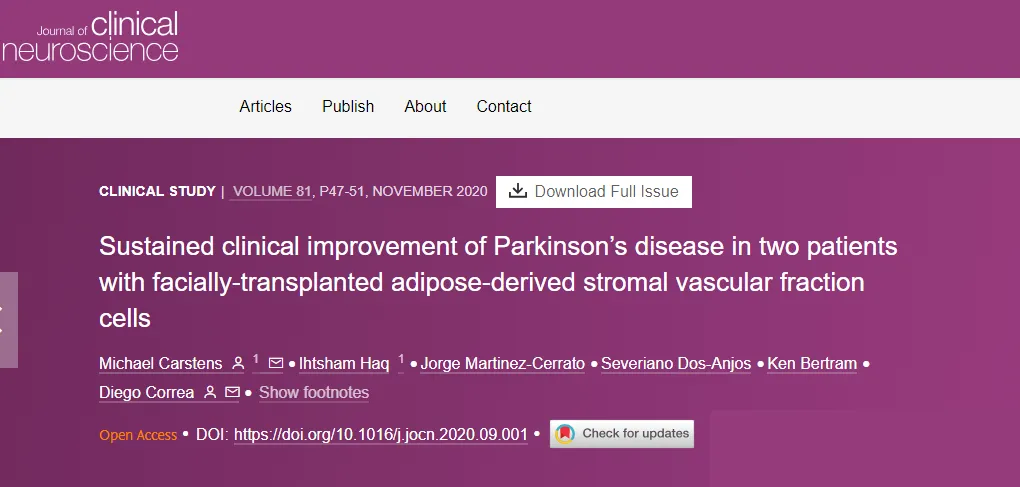 面部移植脂肪來(lái)源的基質(zhì)血管成分細胞后，兩名帕金森病患者病情持續改善