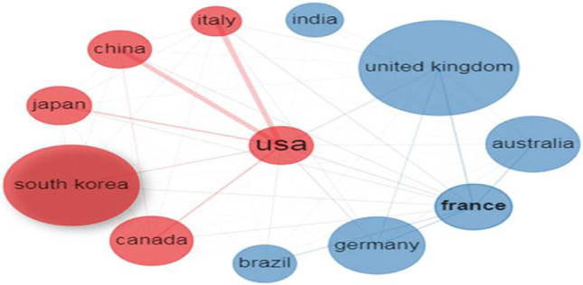 圖3：使用 Biblioshiny 應用程序生成的前12個(gè)國家的合作網(wǎng)絡(luò )。