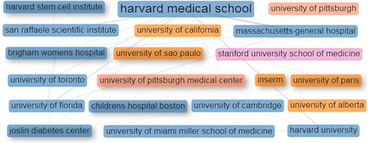 圖4：干細胞治療1型糖尿病研究的主要機構的合作網(wǎng)絡(luò )。