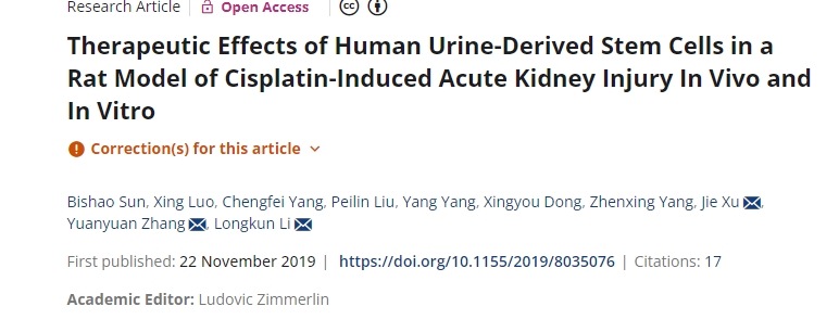 人尿干細胞對順鉑誘發(fā)的急性腎損傷大鼠模型的體內和體外治療效果
