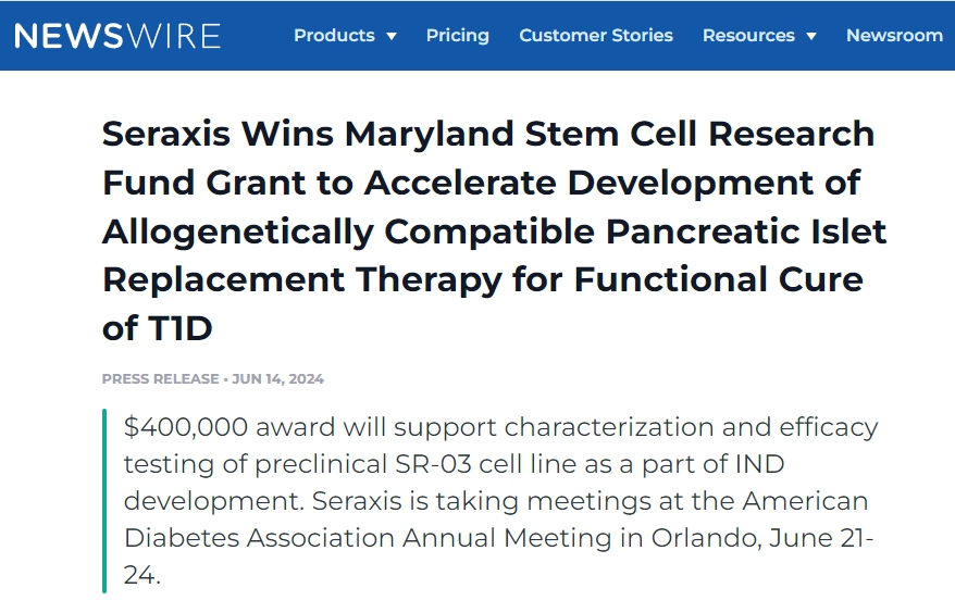 Seraxis 獲得馬里蘭州干細胞研究基金資助，加速開(kāi)發(fā)同種異體相容性胰島替代療法，實(shí)現 1 型糖尿病功能性治愈