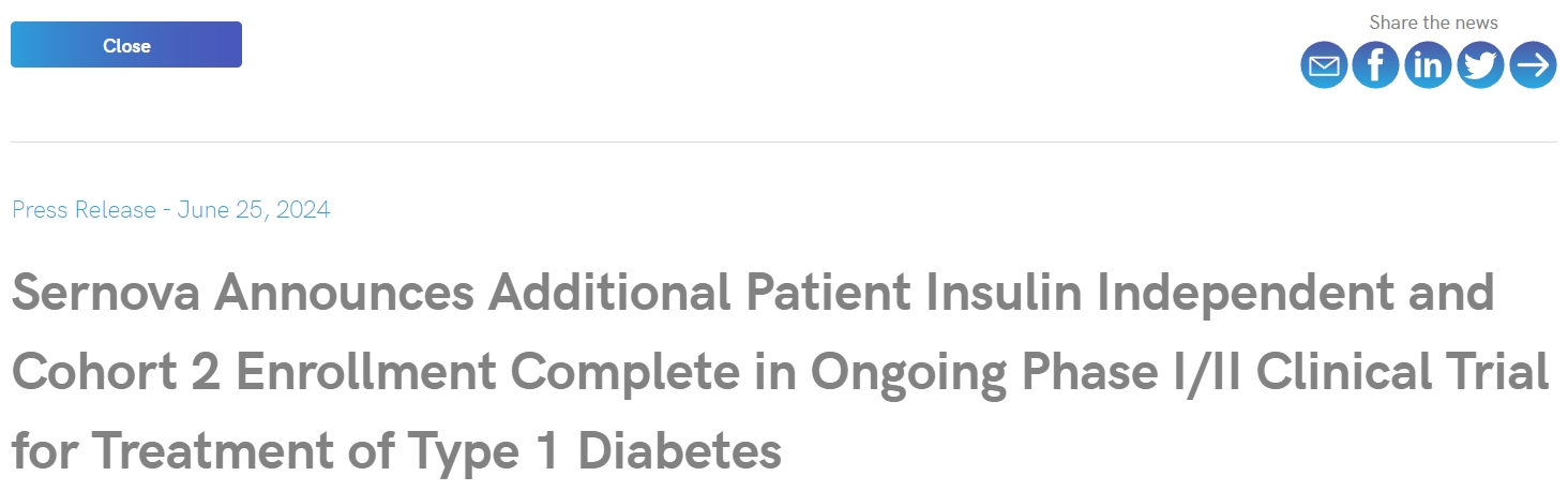 Sernova 宣布正在進(jìn)行的 1/2 期臨床試驗中，額外的胰島素獨立患者和第 2 組患者入組已完成！用于治療 1 型糖尿病