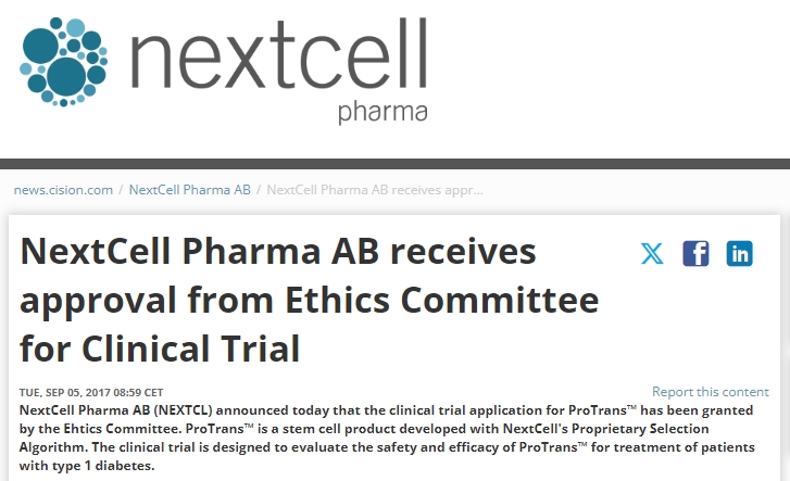 NextCell Pharma AB 獲得倫理委員會(huì )臨床試驗批準