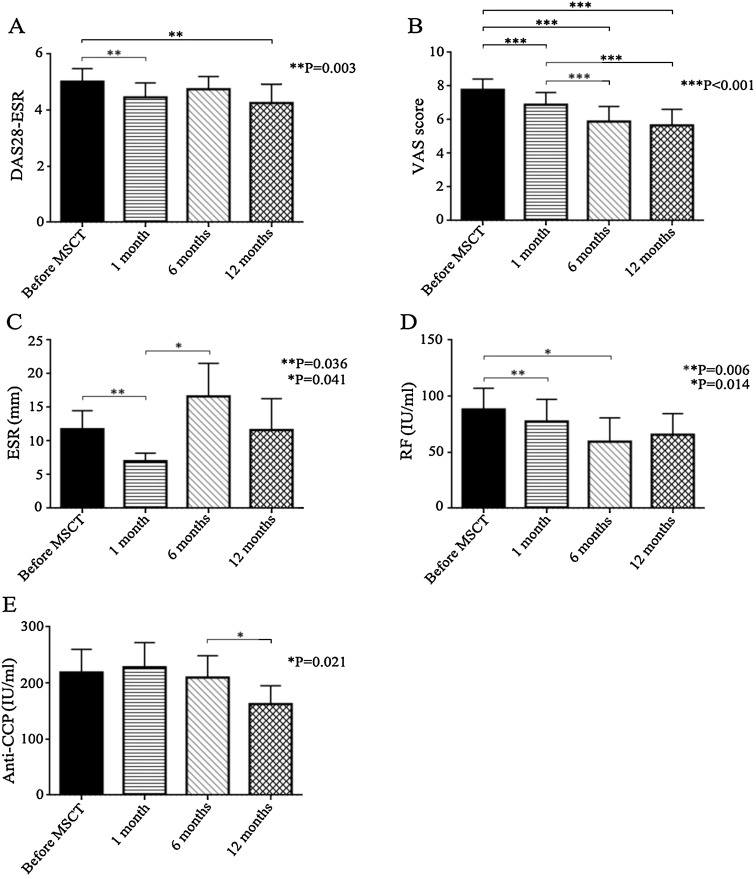 MSCT前后臨床和實(shí)驗室指標。（A）DAS28-ESR。（B）VAS 評分。（C）ESR。（D）RF。（E）抗 CCP。數據以平均值±SEM 表示。