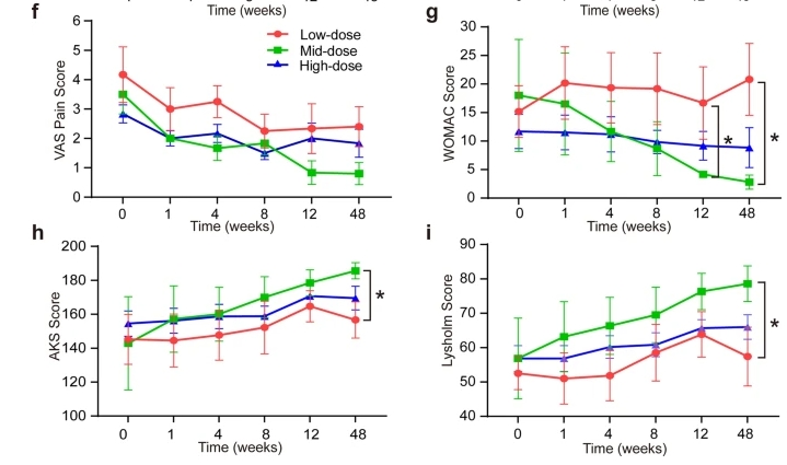 VAS 疼痛評分 ( f )、WOMAC 評分 ( g )。AKS 膝關(guān)節評分 ( h ) 和 Lysholm 膝關(guān)節量表 ( i )。