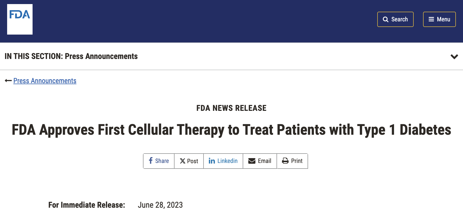FDA 批準首個(gè)用于治療 1 型糖尿病患者的細胞療法