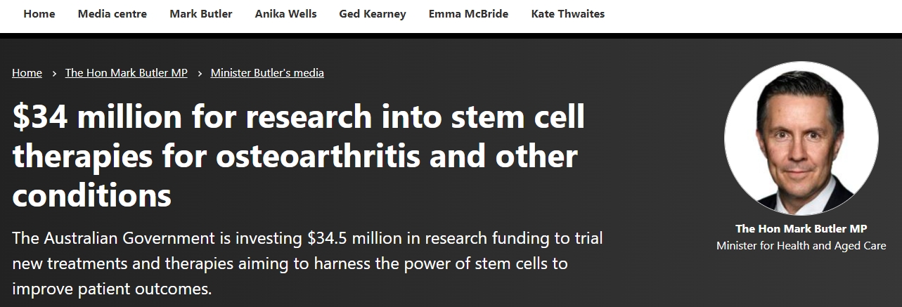 澳大利亞政府：投資3400萬(wàn)美元用于骨關(guān)節炎和其他疾病的干細胞療法研究
