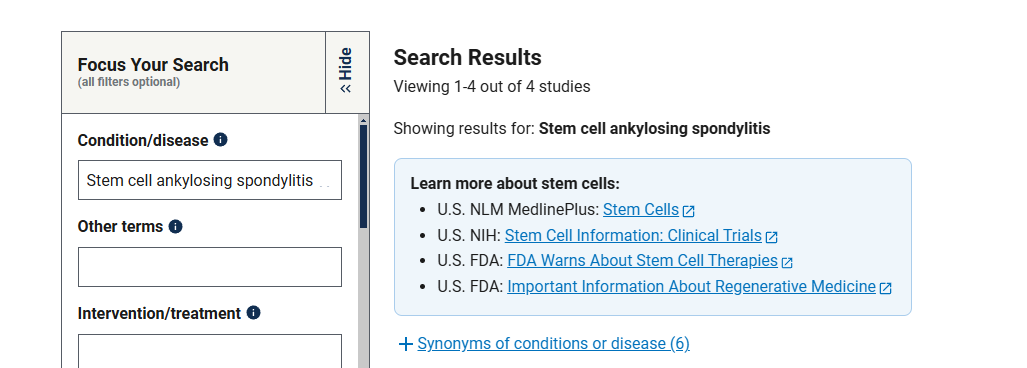 clinicaltrials.gov網(wǎng)站上注冊的有關(guān)干細胞治療強直性脊柱炎的臨床研究項目有4項