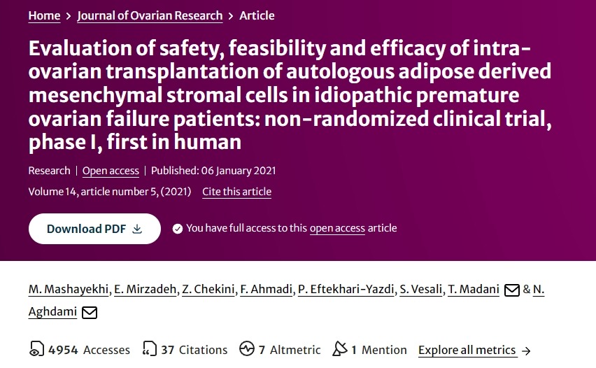 評估自體脂肪來(lái)源的間充質(zhì)基質(zhì)細胞卵巢內移植治療特發(fā)性卵巢早衰患者的安全性、可行性和有效性的I期非隨機臨床試驗。