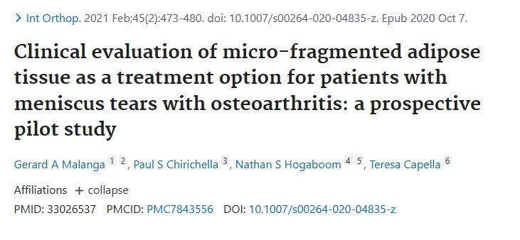 微碎屑脂肪組織作為半月板撕裂伴骨關(guān)節炎患者的治療選擇的臨床評價(jià)一項前瞻性試點(diǎn)研究