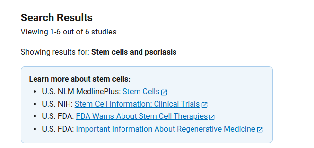 clinicaltrials.gov網(wǎng)站上注冊的有關(guān)干細胞治療銀屑病的臨床研究項目有6項