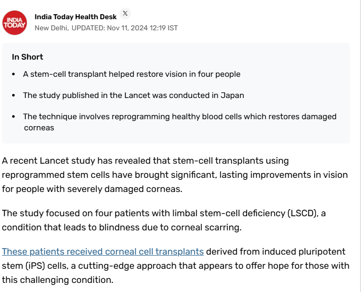 柳葉刀發(fā)布！全球首例干細胞治療幫助患者恢復視力，干細胞治療領(lǐng)域新突破！