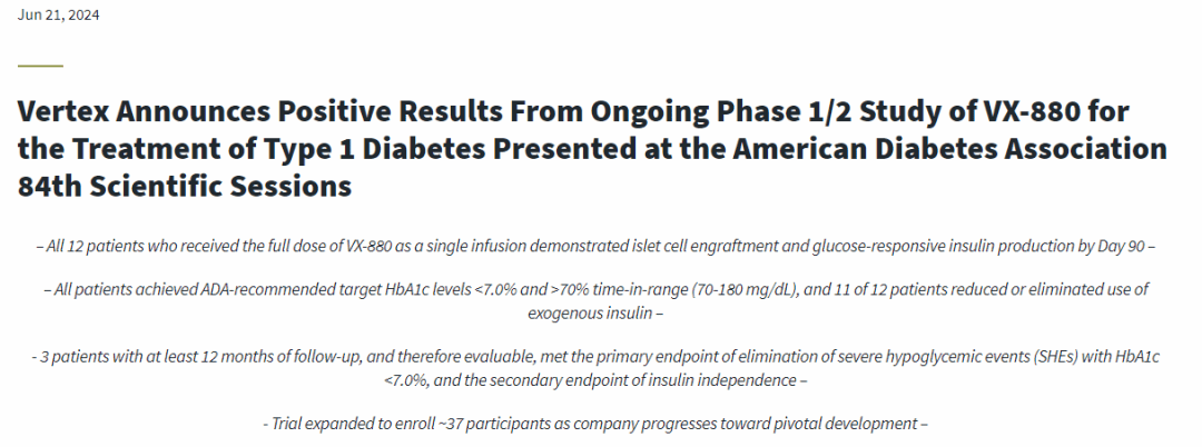 治療1型糖尿病(T1D)的細胞療法VX-880的Ⅰ/Ⅱ期臨床試驗