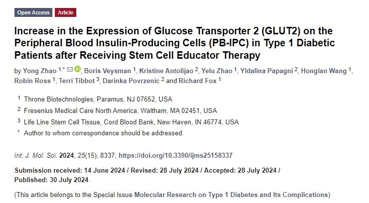接受干細胞教育者治療后1型糖尿病患者外周血胰島素產(chǎn)生細胞 (PB-IPC) 葡萄糖轉運蛋白2 (GLUT2) 表達增加