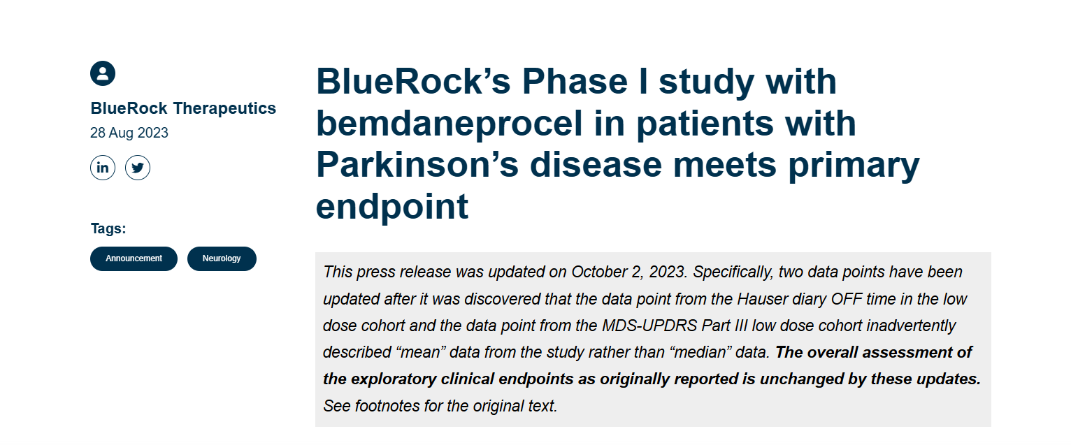 馬薩諸塞州劍橋的生物技術(shù)公司 BlueRock Therapeutics 開(kāi)展，試驗為參與者提供了源自人類(lèi) ES 細胞的 A9 祖細胞