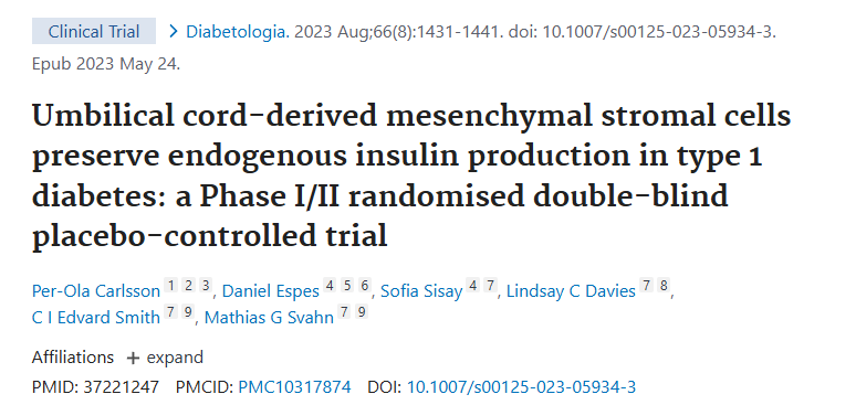 臍帶間充質(zhì)基質(zhì)細胞保留 1 型糖尿病患者的內源性胰島素產(chǎn)生：一項 I/II 期隨機雙盲安慰劑對照試驗