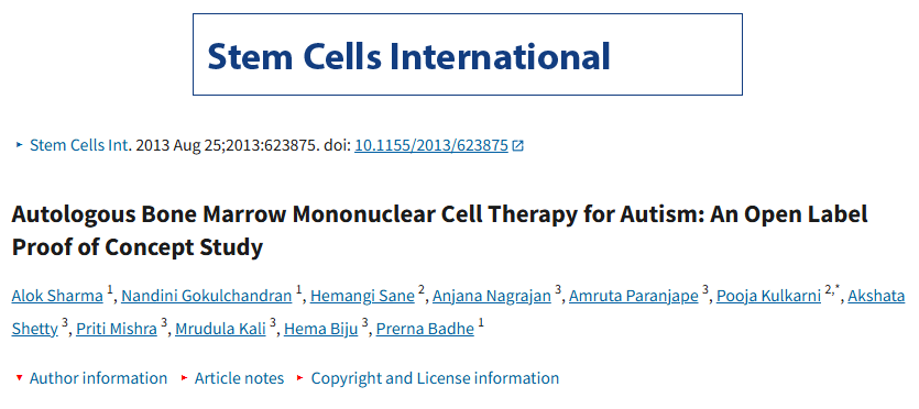 自體骨髓單核細胞治療自閉癥：一項開(kāi)放標簽概念驗證研究