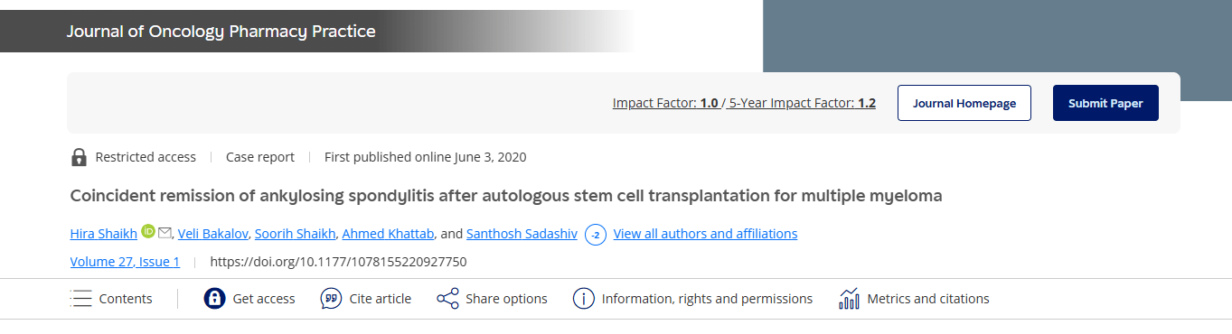 自體干細胞移植治療多發(fā)性骨髓瘤后強直性脊柱炎同時(shí)緩解