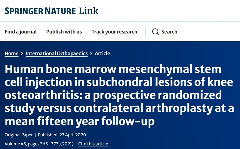 人骨髓間充質(zhì)干細胞注射治療膝關(guān)節骨性關(guān)節炎軟骨下?lián)p傷：一項前瞻性隨機研究，對比平均十五年隨訪(fǎng)的對側關(guān)節置換術(shù)
