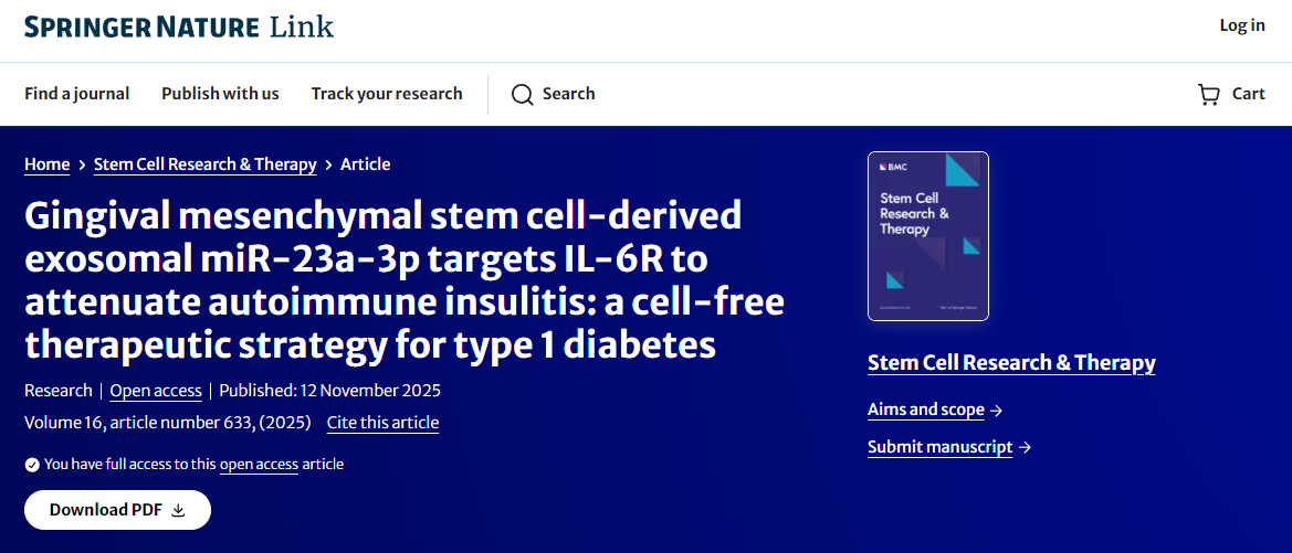 牙齦間充質(zhì)干細胞來(lái)源的外泌體miR-23a-3p靶向IL-6R以減輕自身免疫性胰島炎：一種治療1型糖尿病的無(wú)細胞療法