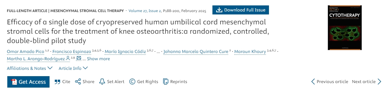 單劑量冷凍保存人臍帶間充質(zhì)基質(zhì)細胞治療膝骨關(guān)節炎的療效：一項隨機、對照、雙盲先導研究