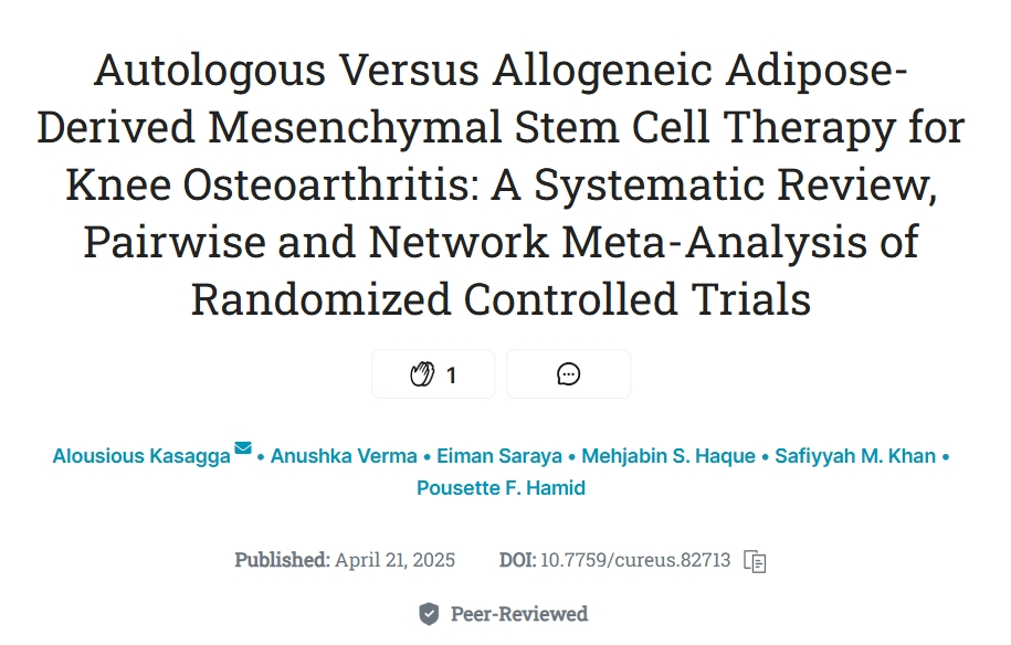 自體與同種異體脂肪間充質(zhì)干細胞治療膝骨關(guān)節炎：隨機對照試驗的系統評價(jià)、成對和網(wǎng)絡(luò )薈萃分析